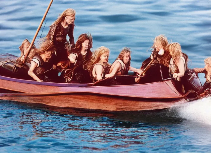 Prompt: photo of viking women in speed boats hunting, hyper realism, fujifilm velvia 5 0
