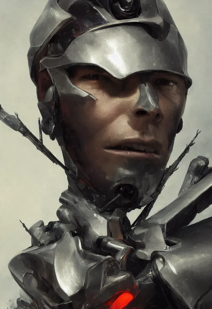 Prompt: a close up fancy portrait of a male robot with a bow and arrow by greg rutkowski, sung choi, mitchell mohrhauser, maciej kuciara, johnson ting, maxim verehin, peter konig, 8 k photorealistic, cinematic lighting, hd, high details, dramatic, dark atmosphere, trending on artstation
