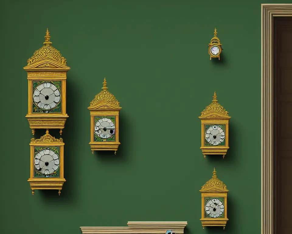 Prompt: an achingly beautiful print of hundreds of ornate clocks on a dark green wall by Raphael, Hopper, and Rene Magritte. detailed, romantic, enchanting, trending on artstation.