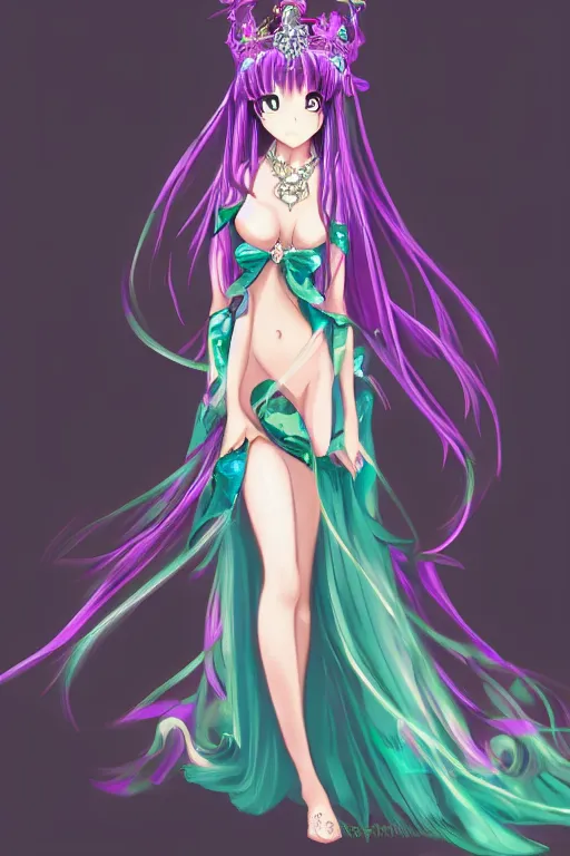 Image similar to Anime sad princess in full figure wearing an exotic evening gown and jade necklace, evening, detailed painting, WLOP, Artstation