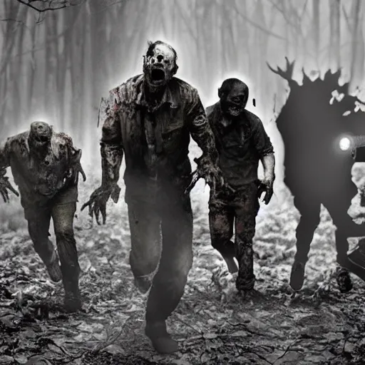 Image similar to zombie discord moderators attacking, horror, dark, flashlight, zombie, trailcam, moody, dark