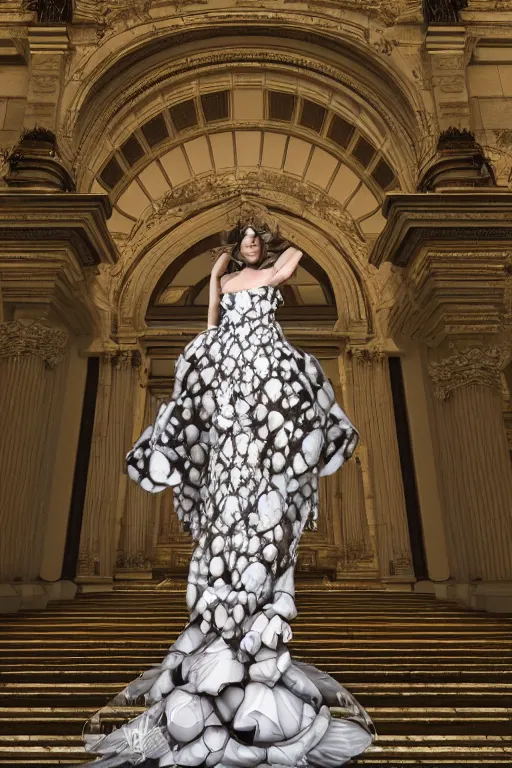Prompt: a beautiful hyperrealistic ultradetailed 3D, one girl in a magnificent McQueen couture dress on against the backdrop of a marble building, Designer clothes, futuristic clothes, clothes from the future, voge photo, fashion style, fullbody, in full growth, photorealistic, high resolution, trending on artstation, highly detailed, volumetric lighting, elegant, details, good clear quality, volumetric lighting,