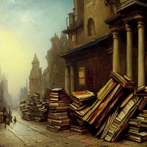 Image similar to painting of a scifi ancient civilzation victorian book store with pile of books on the street, andreas achenbach