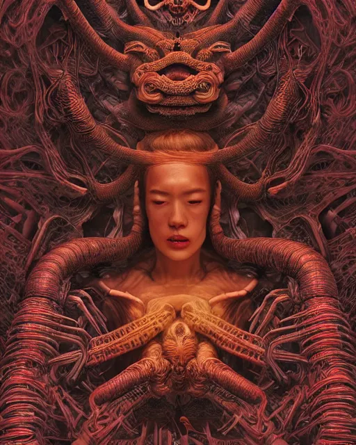 Prompt: portrait of a monster with six arms, full body, six arms, intricate abstract. intricate artwork. by Tooth Wu, wlop, beeple, dan mumford. mulholland drive by david lynch, dune by david lynch, octane render, trending on artstation, greg rutkowski very coherent symmetrical artwork. cinematic, hyper realism, high detail, octane render, 8k, iridescent accents