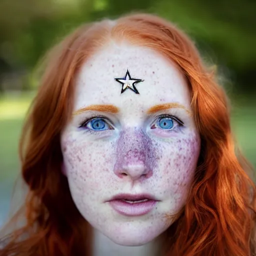 Prompt: close up hald face portrait photograph of a redhead woman with stars in her irises, and freckles. Wavy long hair. she looks directly at the camera. Slightly open mouth, face covers half of the frame, with a park visible in the background. 135mm nikon. Intricate. Very detailed 8k. Sharp. Cinematic post-processing. Award winning portrait photography