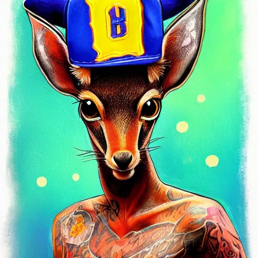 Prompt: a dik dik with tattoos wearing a baseball hat, colorful, digital art, fantasy, magic, trending on artstation, ultra detailed, professional illustration by basil gogos