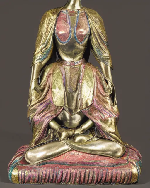 Prompt: a metallic multicolored statue of a woman in long robes