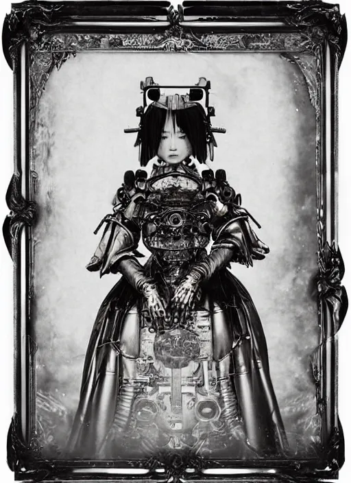 Image similar to old wetplate daguerreotype frame portrait of a futuristic silver armored geisha district 9 cyborg, parallax, fractal, intricate, elegant, highly detailed, subsurface scattering, by jheronimus bosch and greg rutkowski and louis jacques mande daguerre