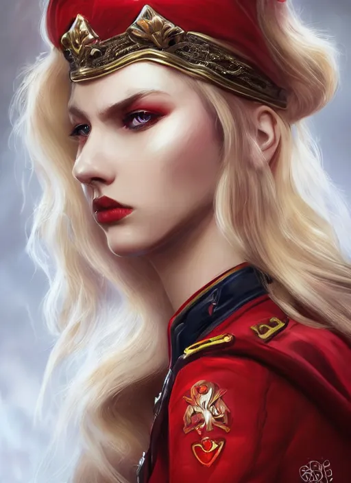 Image similar to a highly detailed illustration of beautiful long dirty blonde haired pale girl wearing red epaulette uniform, wearing crown, red eyes, dramatic seductive pose, intricate, elegant, highly detailed, centered, digital painting, artstation, concept art, smooth, sharp focus, league of legends concept art, WLOP