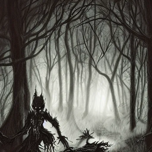 Image similar to Nightmare shadows with glowing eyes lurk in the forest, by Keith Thompson, spooky, dark, night