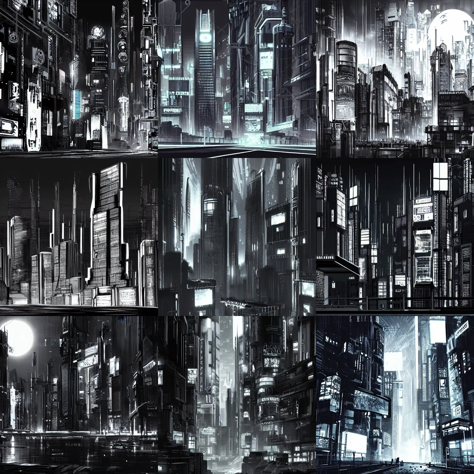 Prompt: cyberpunk city at night, black and white, concept art