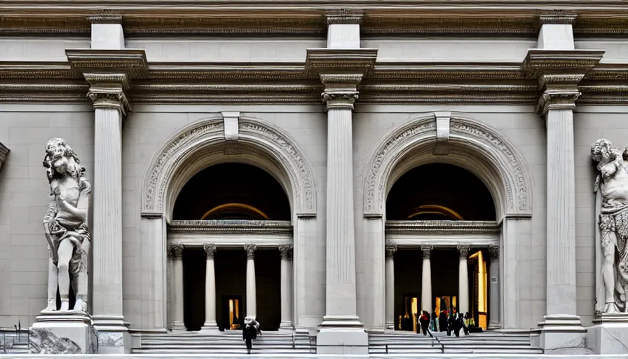 Image similar to metropolitan museum of art, art gallery, realism, extreme detail, marble, stone, symmetrical composition