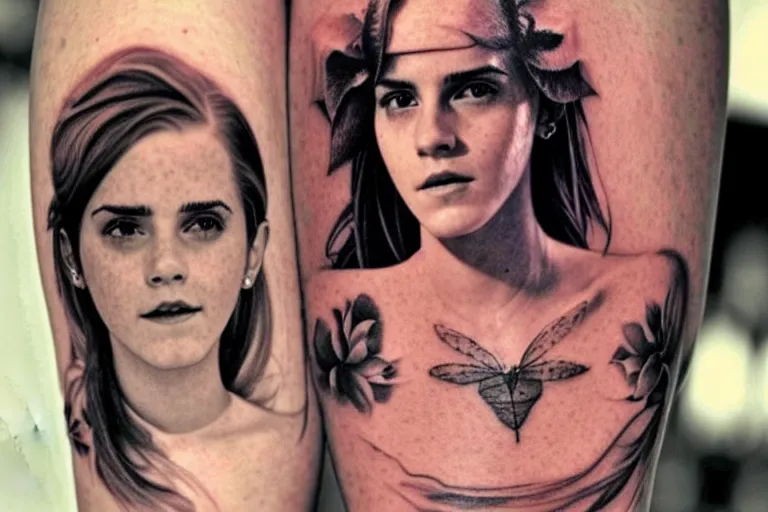 Image similar to emma watson, dope tattoo, hyperrealistic