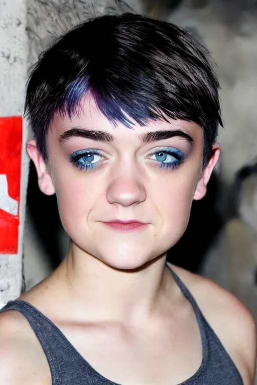 Prompt: photo of young cute punk woman with blue pixie cut posing, maisie williams