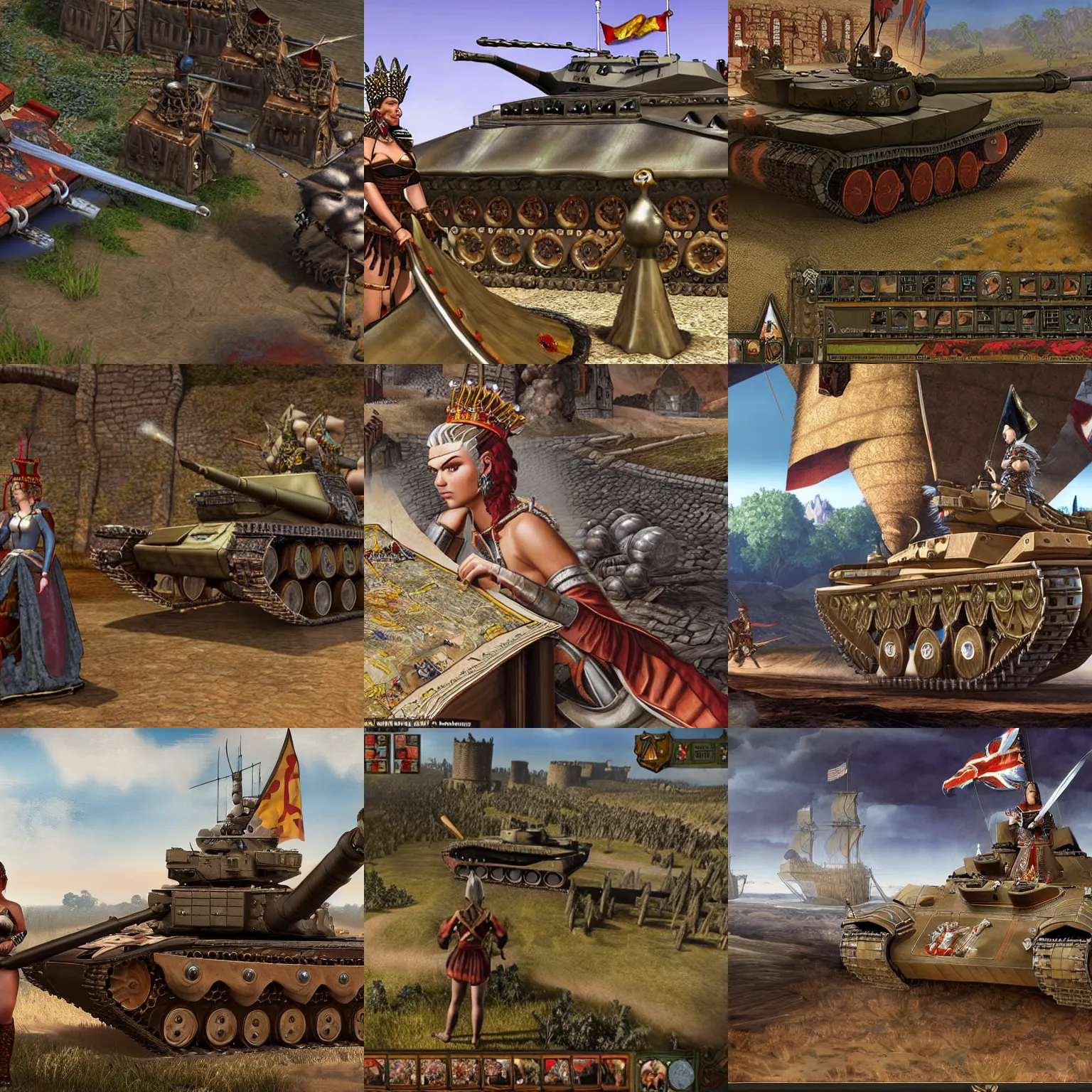 Prompt: A Mohawk Queen examines her new main battle tank, 1467, loading screen artwork for the video game 'Europa Universalis 4'