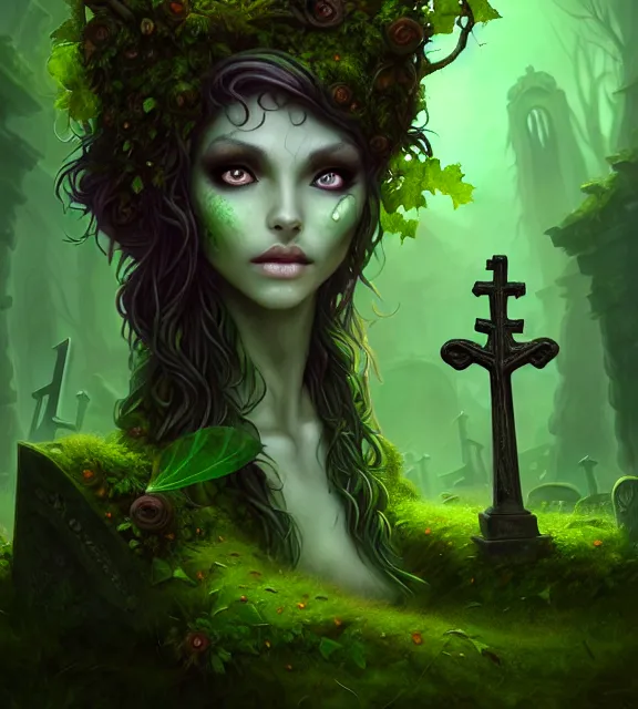 Image similar to ancient graveyard with beautiful female spriggan wearing green leaf halter top, perfect face, dark green leaf hair, with abs, cinematic, blush, stunning, tombstones, graves, vines, elegant, highly detailed, psychedelic, digital painting, artstation, smooth, hard focus, illustration, art by jessica rossier and and brian froud