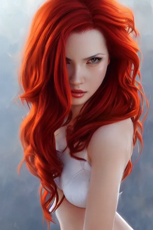 Image similar to a gorgeous female with long red hair in the style of stefan kostic, realistic, full body, sharp focus, 8 k high definition, insanely detailed, intricate, elegant, art by stanley lau and artgerm