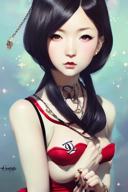 Image similar to a pin up and beautiful fashion dreamlke japan girl with lv jewelry, character art, art by artgerm and wlop and and ilya kuvshinov, hyperdetailed, 8 k realistic, symmetrical, frostbite 3 engine, cryengine, dof, trending on artstation, digital art, chanel, dior, fantasy background