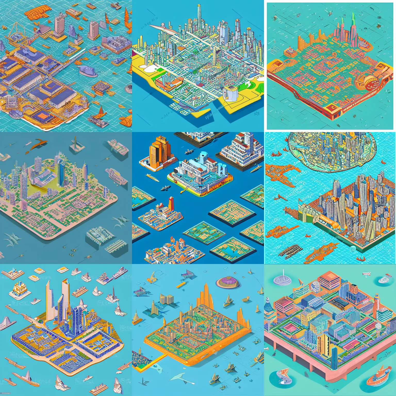 Prompt: an isometric map of a futuristic city located in an island surrounded by water with a few flying ships stationed around it, in the style of diego rivera schiele, full color, isometric exploded view