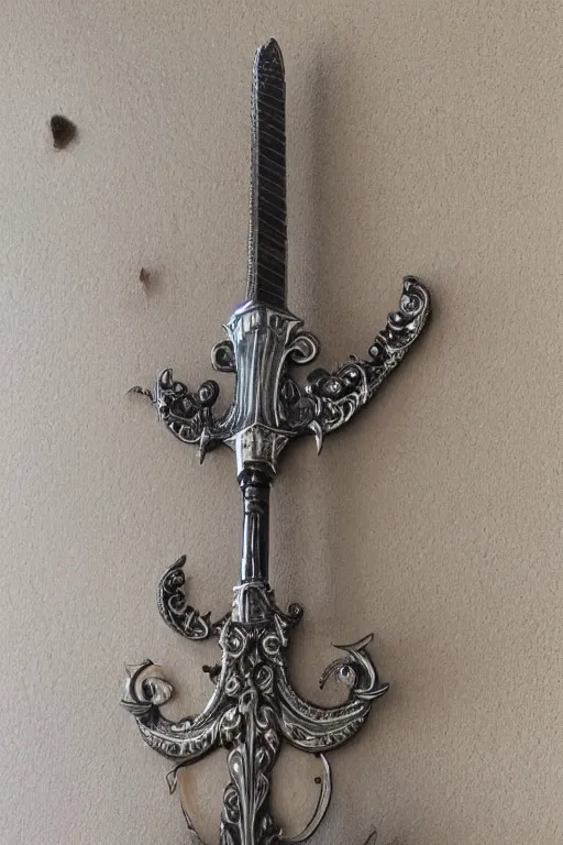 Image similar to sword of justice hanging on a wall, ornate gem in pommel, engraved blade, table at bottom