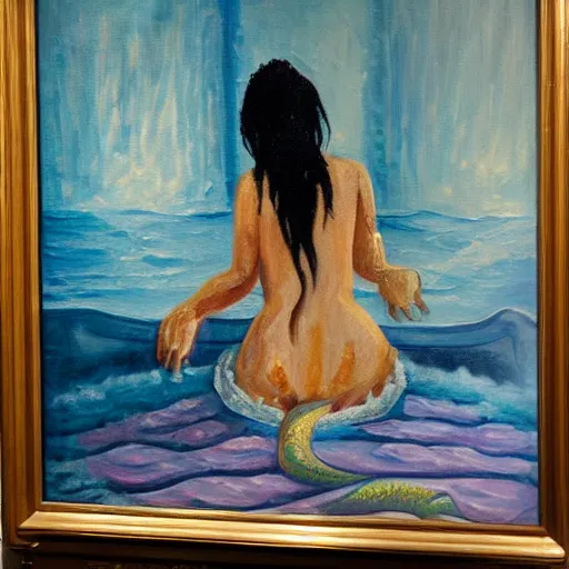 Image similar to oil painting of a mermaid in a bathtub, gritty, small new york appartment,