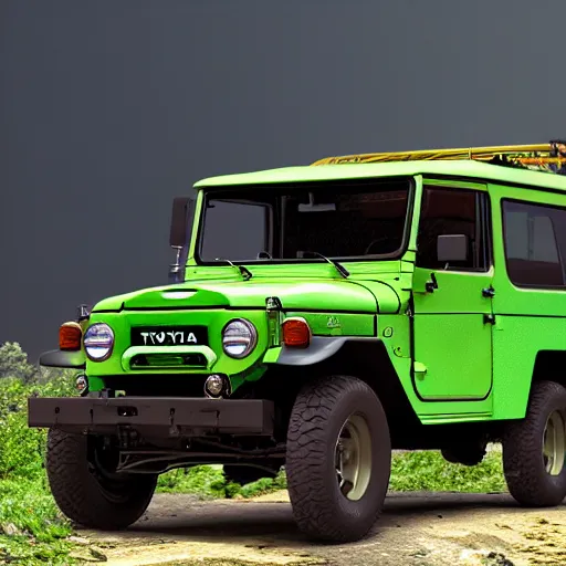 Prompt: closeup of a green Toyota Fj43 build in 1981, traveling through the mountains, black roof, with a roof rack, detailed, in the style of Leonardo da Vinci, 8K, octane render, 8K,