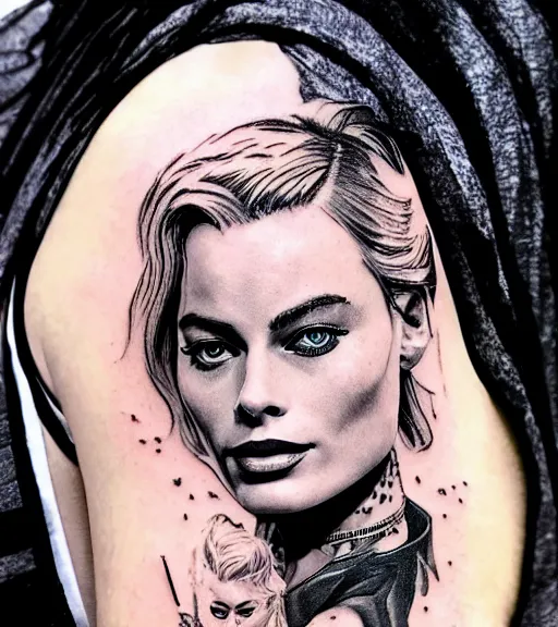 Image similar to tattoo design sketch of margot robbie and beautiful mountain scenery mash up, in the style of lesha lauz, surrealist, amazing detail, sharp