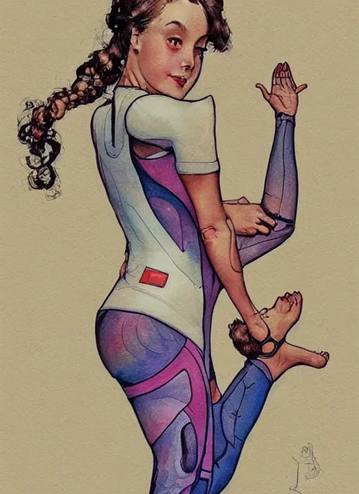 Image similar to an art nouveau copic maker illustration of a girl doing yoga wearing futuristic clothes by stanley lau, and norman rockwell