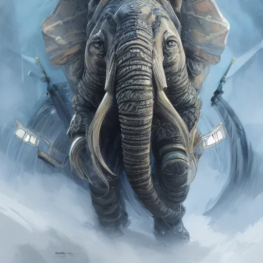 Image similar to closeup an armored war elephant, D&D, fantasy, intricate, elegant, highly detailed, digital painting, artstation, concept art, matte, sharp focus, illustration, art by Artgerm and Greg Rutkowski and Alphonse Mucha