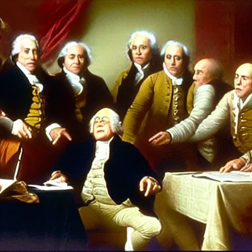 Prompt: film still of Danny Devito interrupting the signing of the declaration of independence and everyone is upset