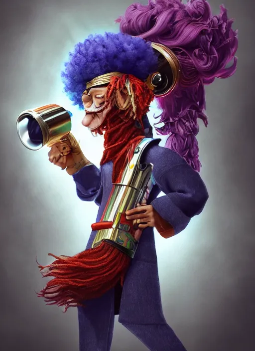 Image similar to an anthropomorphic beautiful male wizard portrait holding bazooka wearing colourful robe, dreadlock breed hair, fine art, award winning, intricate, elegant, sharp focus, octane render, hyperrealistic, cinematic lighting, highly detailed, digital painting, 8 k concept art, art by jamie hewlett masterpiece, trending on artstation, 8 k