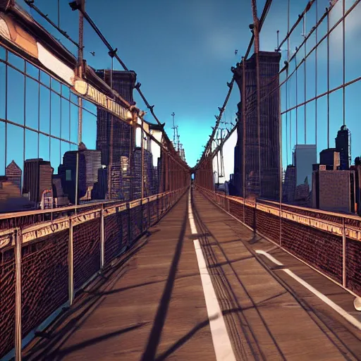 Prompt: The Beatles unreal engine 5 hanging off the Brooklyn Bridge 8k