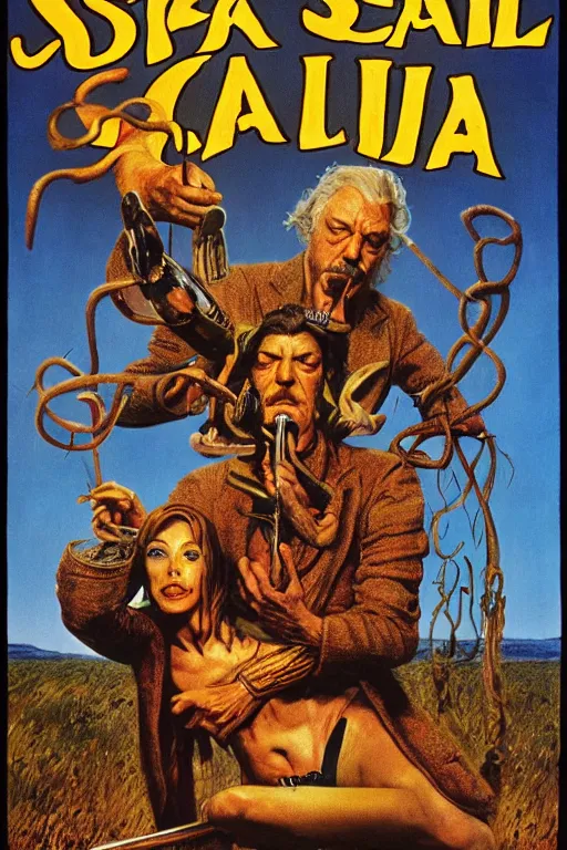 Prompt: poster for the 1 9 7 1 movie'snake oil fiesta ', directed by federico fellini, starring donald sutherland and uncle aloysius, art direction by wayne barlowe, glenn fabry and frank frazetta, cinematography by robby muller ), crisp