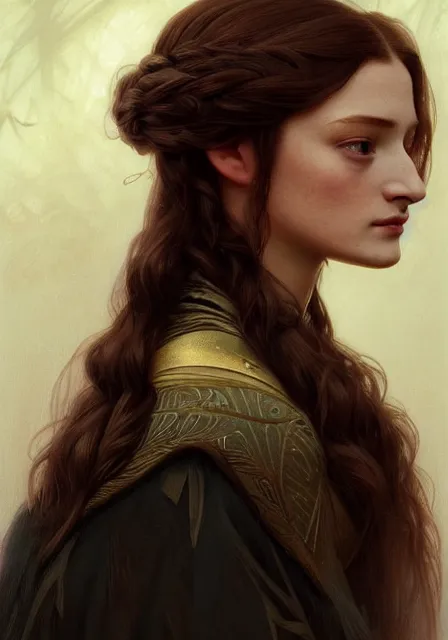 Image similar to portrait of little bird sansa stark with long hair, intricate, elegant, highly detailed, digital painting, artstation, concept art, smooth, sharp focus, illustration, art by artgerm and greg rutkowski and alphonse mucha and william - adolphe bouguereau