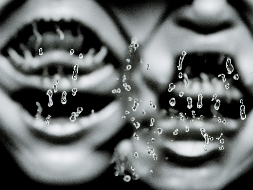 Image similar to a close up perfect photograph of an open mouth full of tadpoles and saliva. 3 5 mm film, studio lighting, perfect focus and rotting teeth