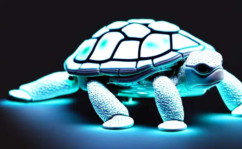 Image similar to artificial Intelligence turtle with its shell made out of modular-synth dials and knobs with a small AMOLED display, LED light accents, sleek design by apple, triple white colorway, modular-synth, VST, 4k, 33mm, high quality photo,