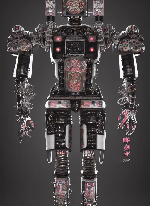 Image similar to full body portrait of a gothic style industrial punk robot with kanji tattoos and decals wearing a digital pixelated kimono, intricate design, photo - realistic, octane render, dark colour palette, ultra fine detailed, character design, trending on artstation