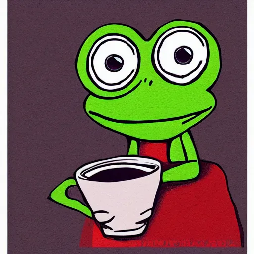 Image similar to pepe the frog offering coffee - composition : dynamic lighting, depth details, intricate, asymmetric, proportion, highly quality, balance, unity, extremely highly detailed. by bambang nurdianshyah ( face details and background ) garis edelweiss ( lighting ) roby dwi antono ( character and big details ) kira ayn varszegi ( small details )