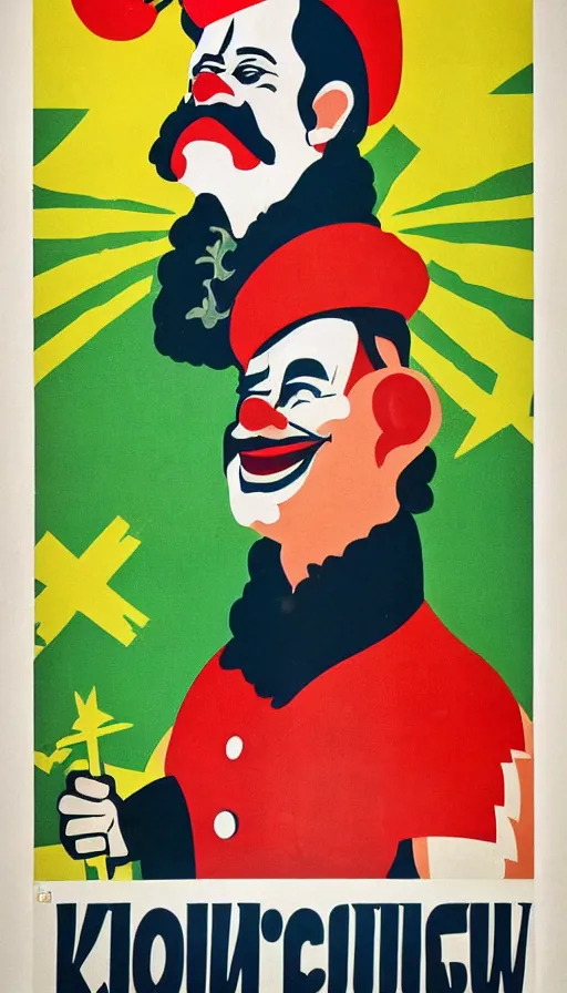 Image similar to a propaganda poster of king clown, soviet - era, 1 9 6 0 s, color palette, cold war, colors