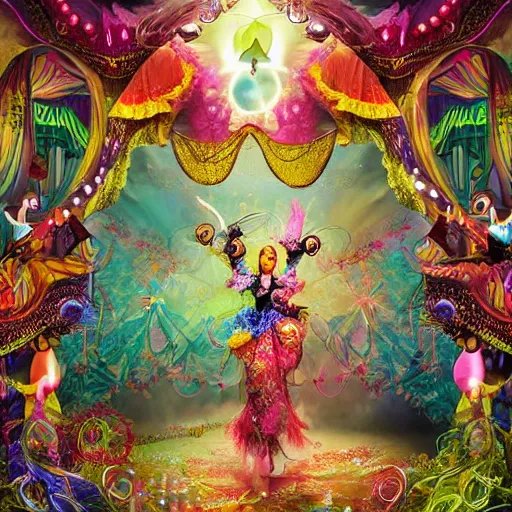 Image similar to an intricately decorated, colorful, mysterious, beautiful carnival hosted by fairies, realistic fantasy illustration