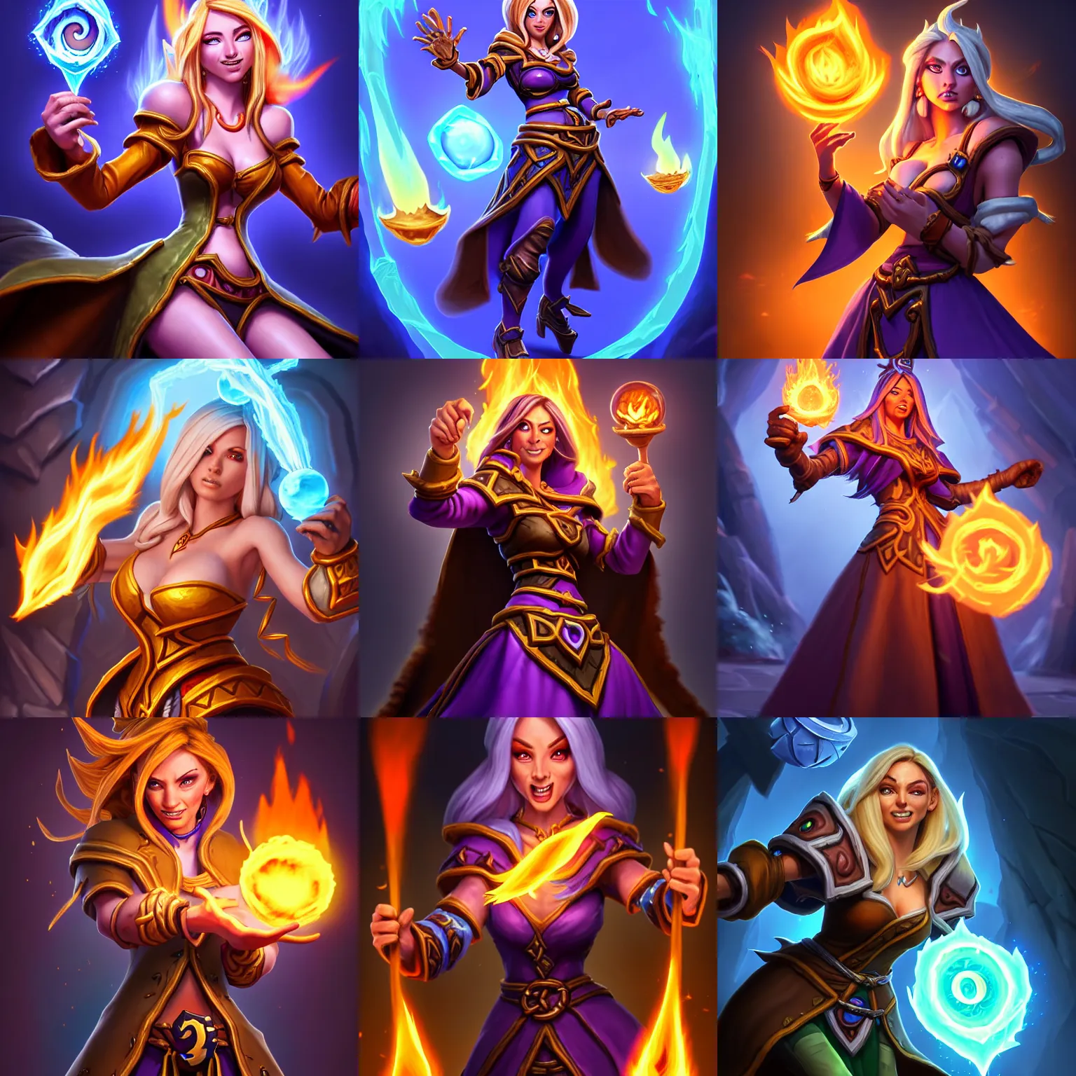 Prompt: Hearthstone official professional art. A sorceress, wearing a robe casting a fire ball. Insanely logical & professional physical body parts (face, arms, legs, hair, eyes, insanely inflated hips). Full body realistic, sharp focus, 8k high definition, insanely detailed, intricate, elegant, smooth, sharp focus, illustration, ArtStation