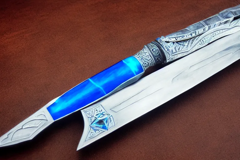 Image similar to arabian saber, object, close - up, blue edge, curved blade, obsidian metal, artstation, intricate