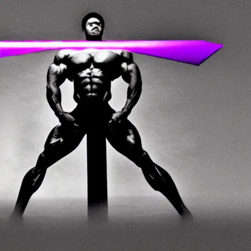 Prompt: 35mm picture of a bodybuilder standing next to a purple floating rectangle with lightning edges