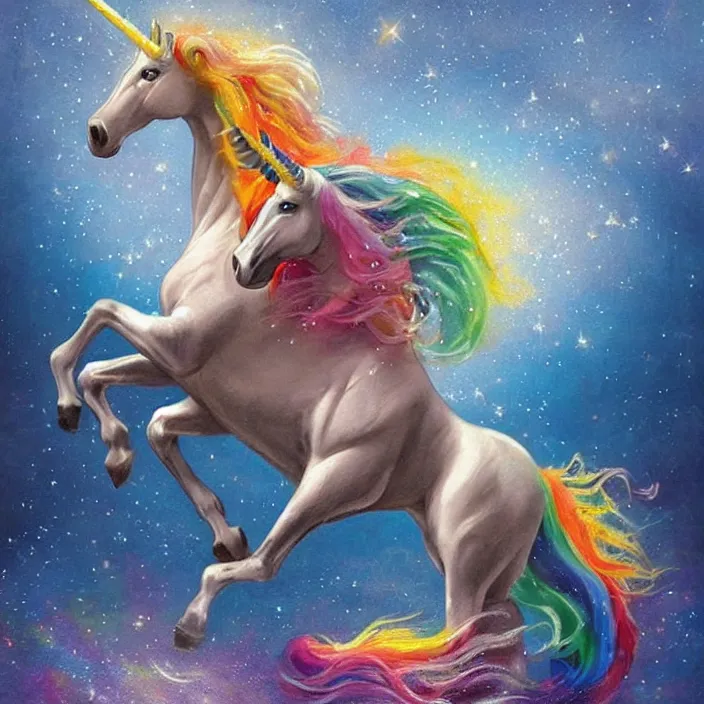 Prompt: a beautiful elegant unicorn running on a rainbow, concept art, intricate details, fierce, powers, comic, art by thomas kinkade