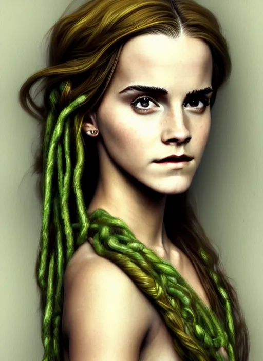 Prompt: redskin emma watson as druidess, long dreadlocks, brown and green cloth, shiny background, intricate, elegant, highly detailed, digital painting, artstation, concept art, smooth, sharp focus, illustration, artgerm, bouguereau