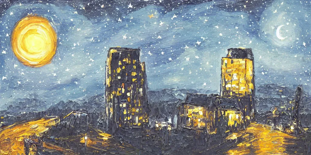 Image similar to stary night painting, norman foster tower, house, city