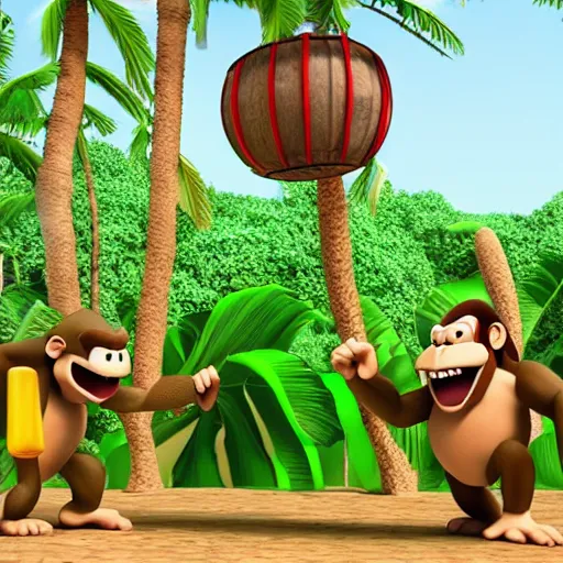 Image similar to Donkey Kong and Diddy Kong surrounded by tropical trees and barrels, 3D render, detailed clay model