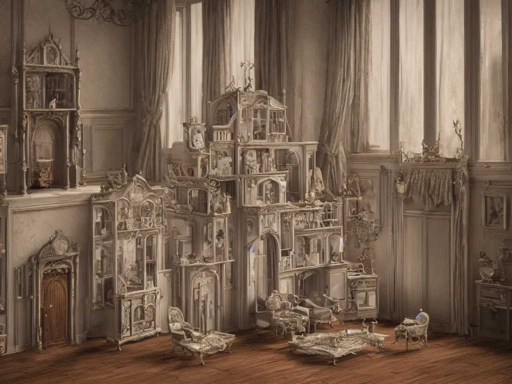 Image similar to hyperrealistic, highly detailed rendering, a rich beautiful victorian doll house with tiny people inside, strange, muted tones, victorian furnitures, low natural light, volumetric light windows, oak wood floor, luxe, 8 k, ultra wide angle