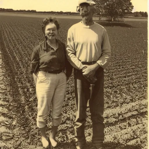 Image similar to a alien standing next to a farmer on a farm next to a corn field polaroid picture