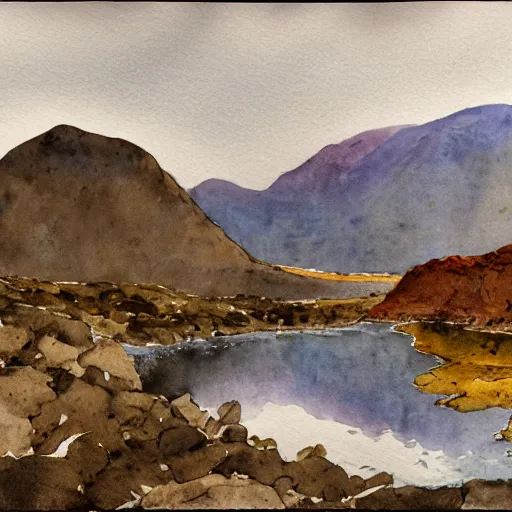 Prompt: wastwater screes in early evening light painted in watercolours and pencil by william heaton cooper and rock textures by julian cooper